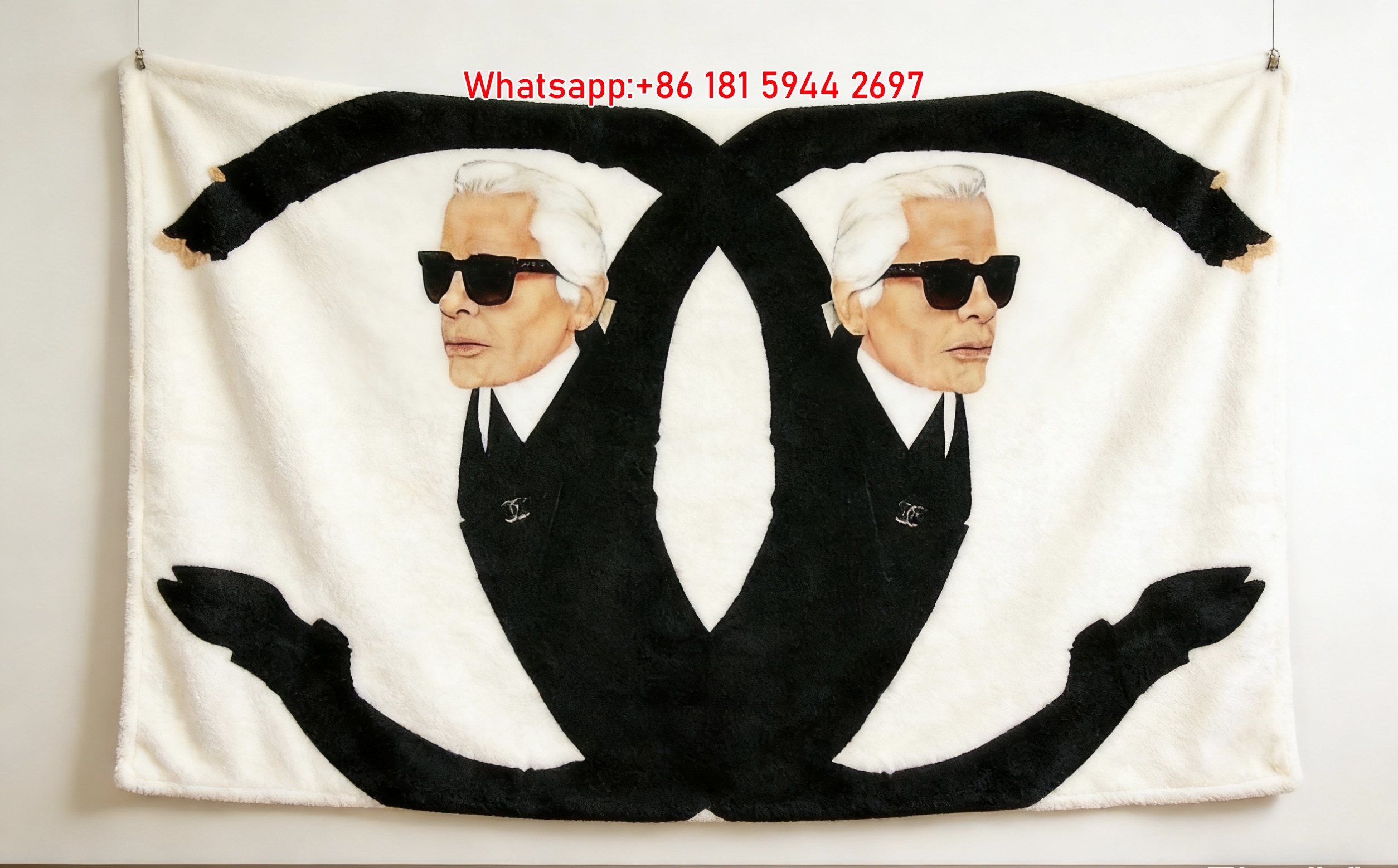 Chanel CC Logo Karl Lagerfeld Portrait Flannel Sofa Throw Blanket IMG_6779